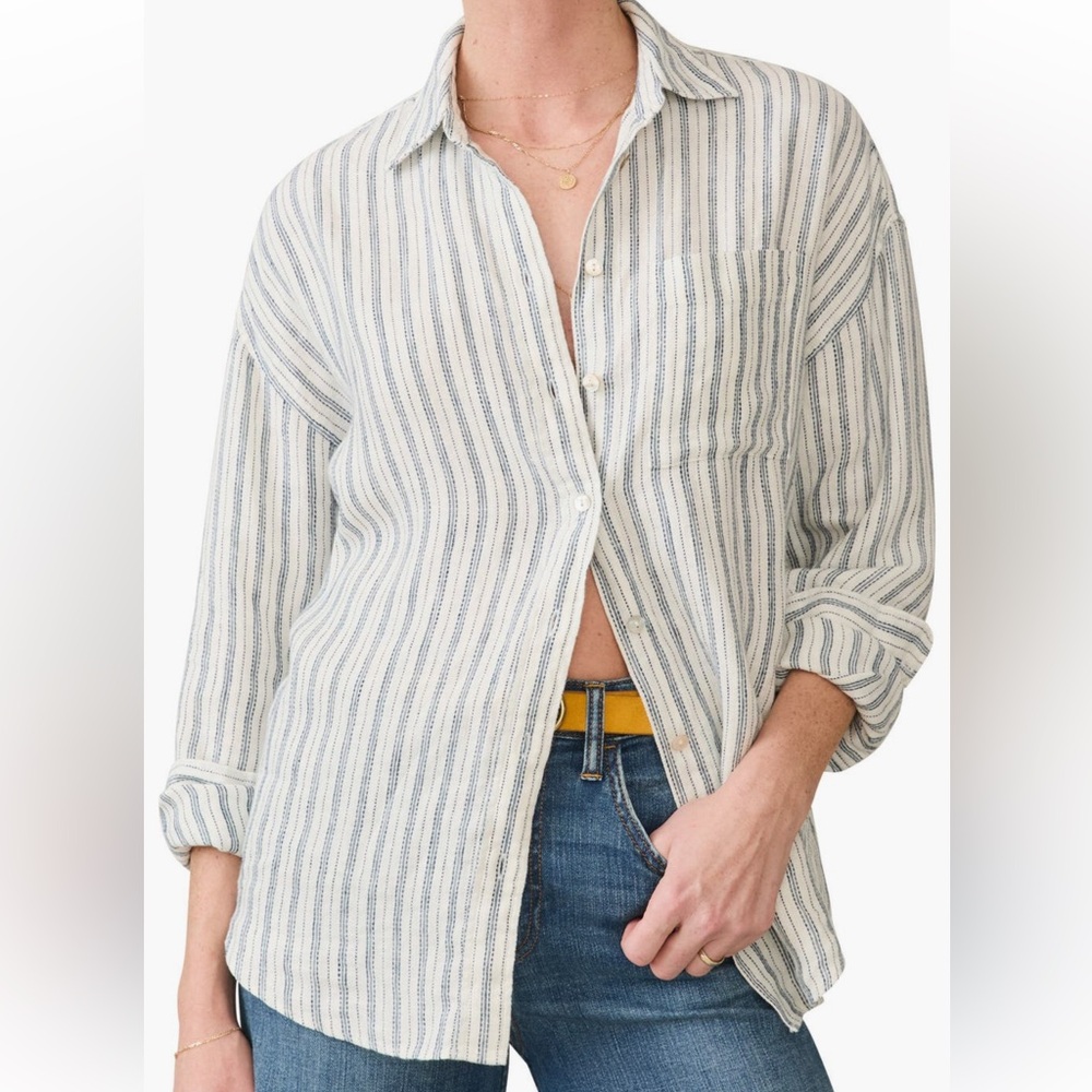 NEW Faherty Santa Cruz Stripe Linen Button-Up Shirt in Oceanside Stripe